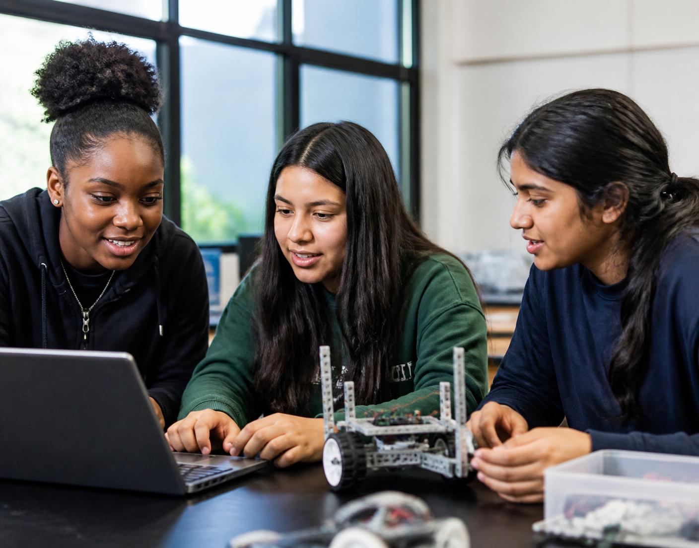 High school girls collaborating on a technology project